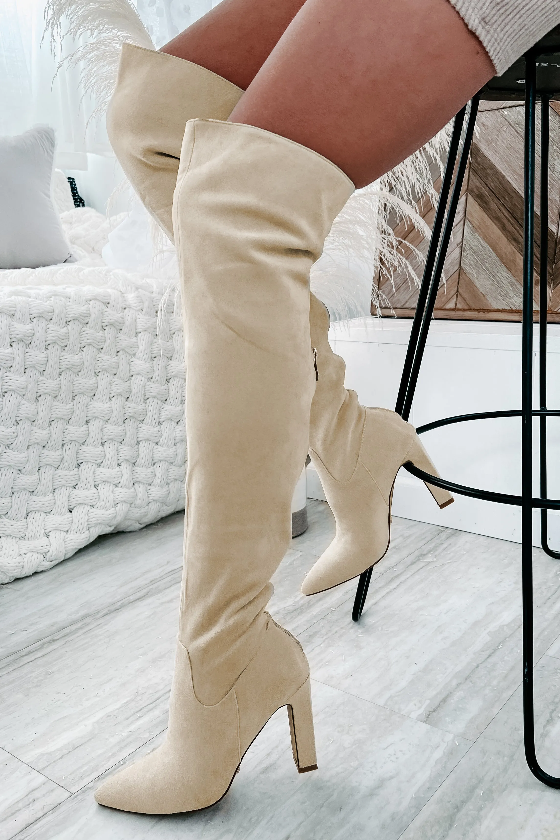 Aaliyah Faux Suede Over The Knee Billini Boots (Cream Suede)