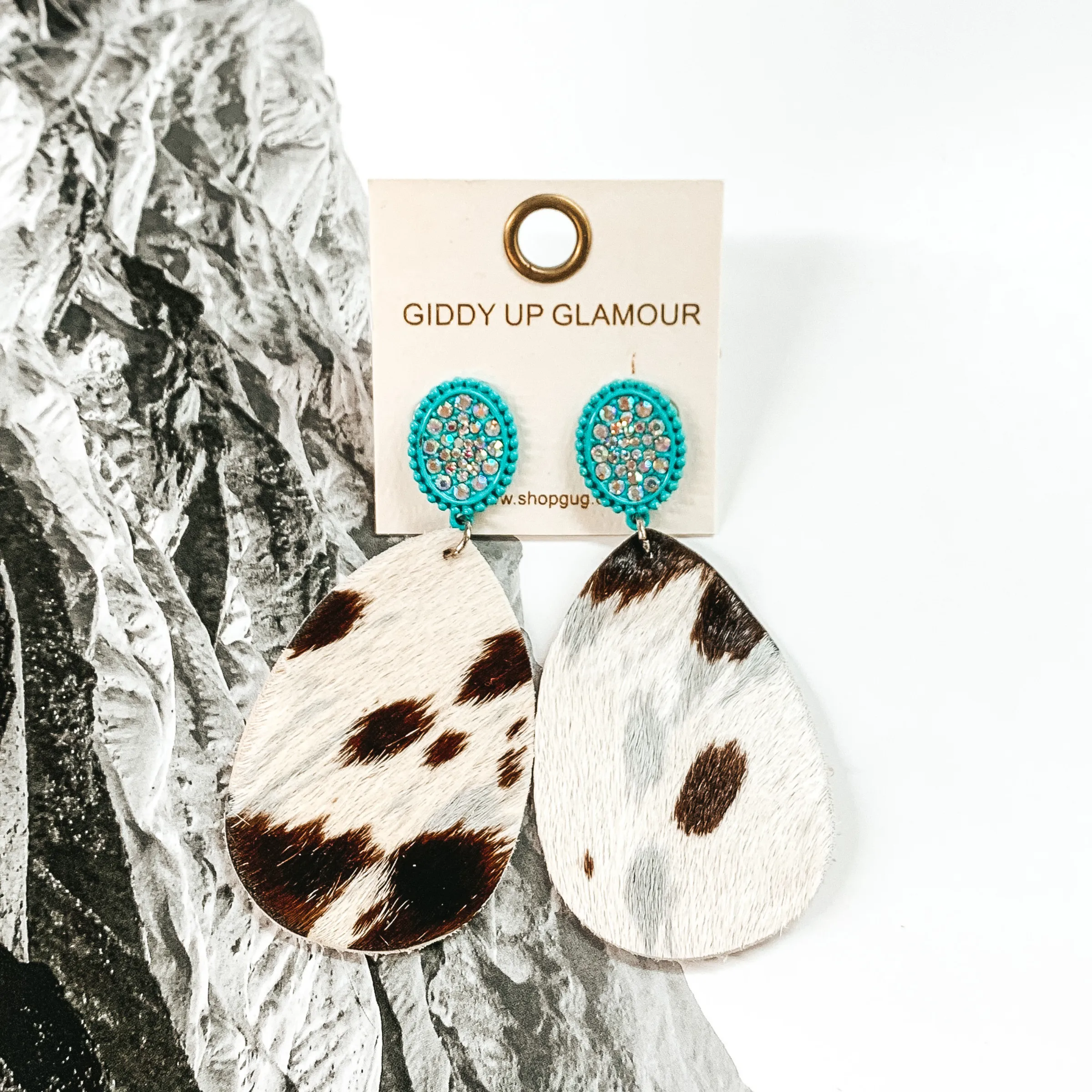 AB Crystal Turquoise Stud Earrings with Hanging Teardrop in Brown, Grey, and White Cow Print