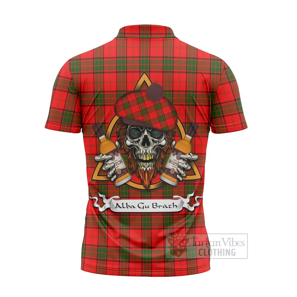 Adair Tartan Zipper Polo Shirt with Family Crest and Bearded Skull Holding Bottles of Whiskey