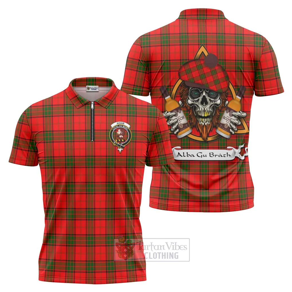 Adair Tartan Zipper Polo Shirt with Family Crest and Bearded Skull Holding Bottles of Whiskey