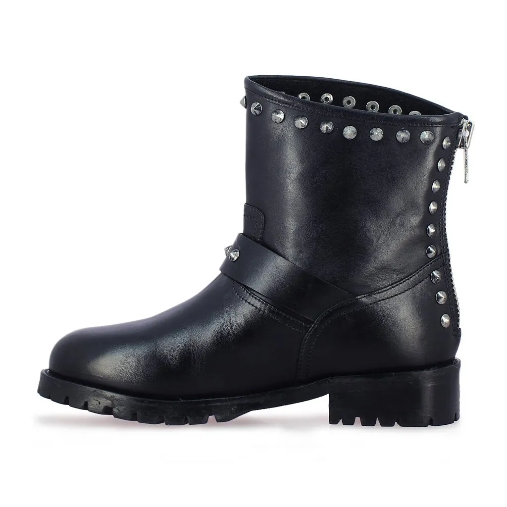 Adelina Metal Studded Black Leather Ankle Boots