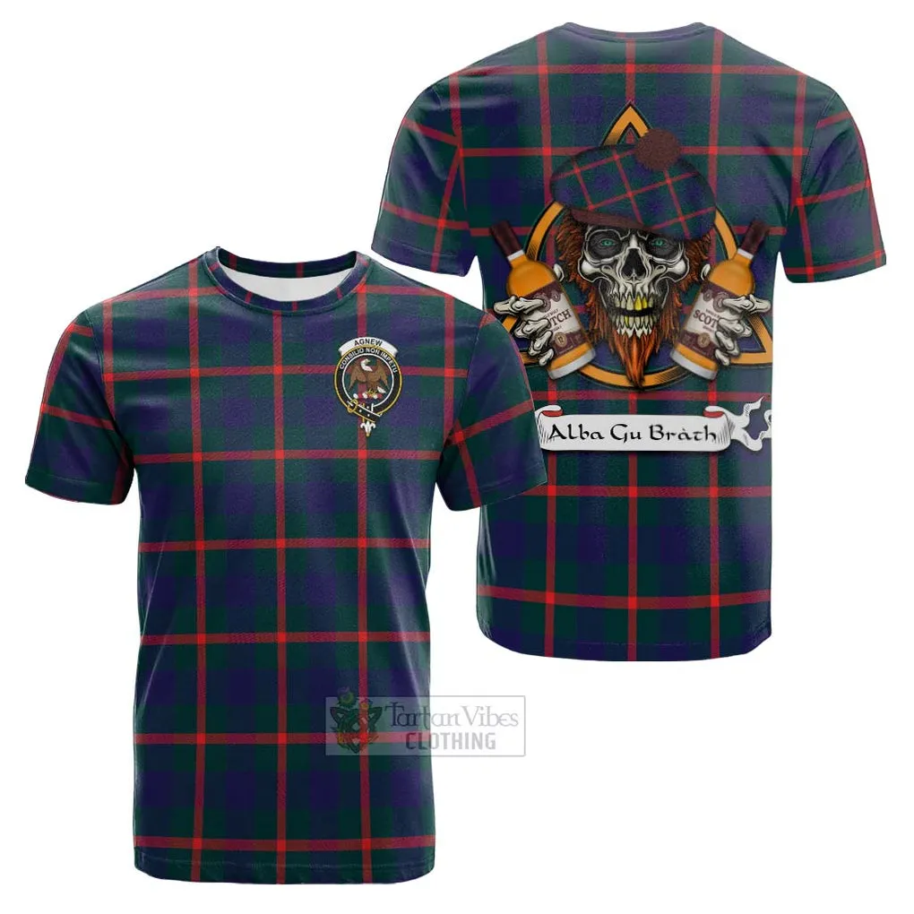 Agnew Tartan Cotton T-shirt with Family Crest and Bearded Skull Holding Bottles of Whiskey