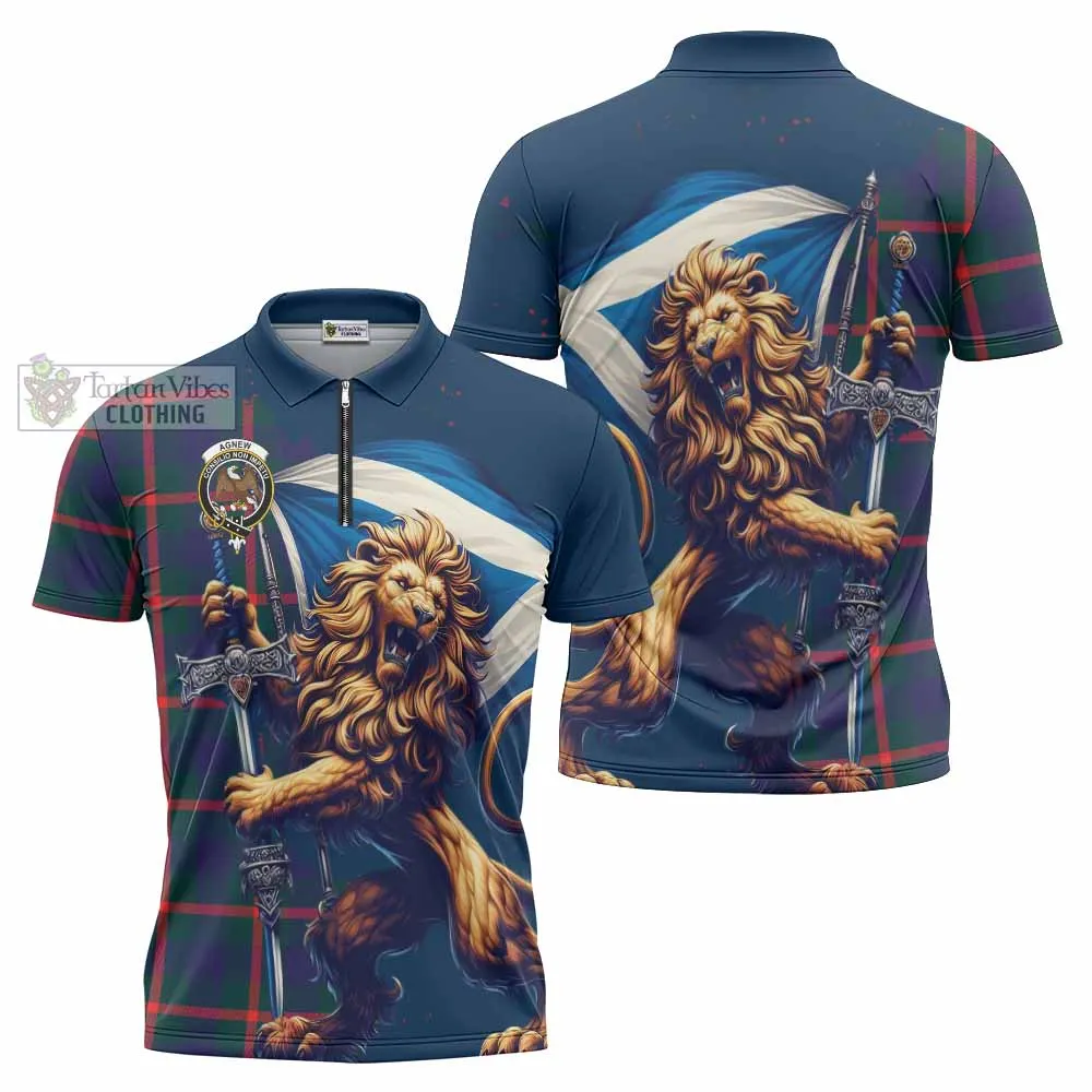 Agnew Tartan Family Crest Zipper Polo Shirt with Scottish Majestic Lion