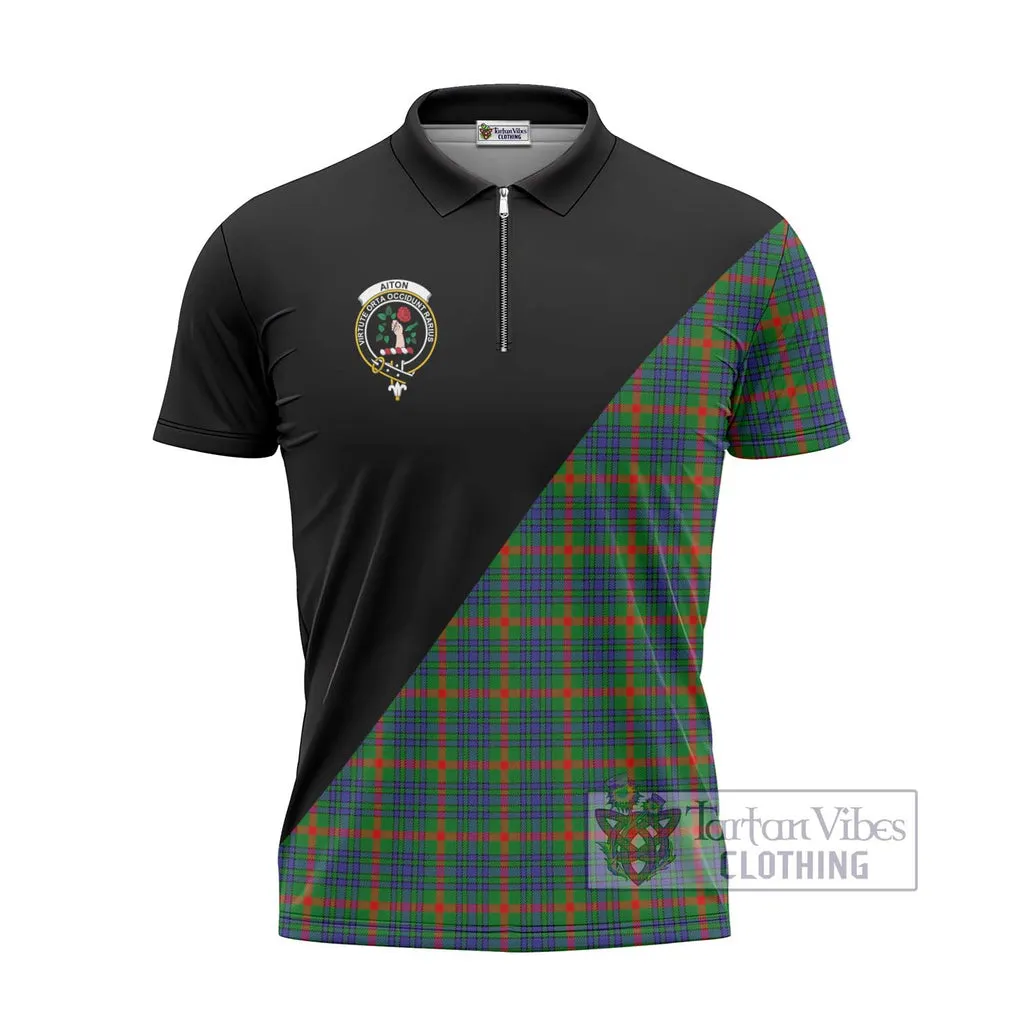 Aiton Tartan Zipper Polo Shirt with Family Crest and Military Logo Style