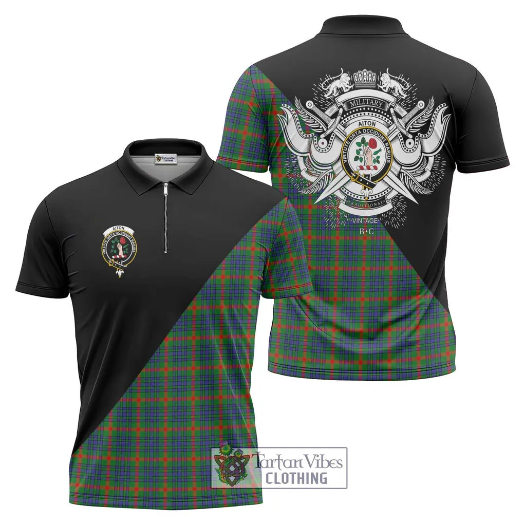 Aiton Tartan Zipper Polo Shirt with Family Crest and Military Logo Style