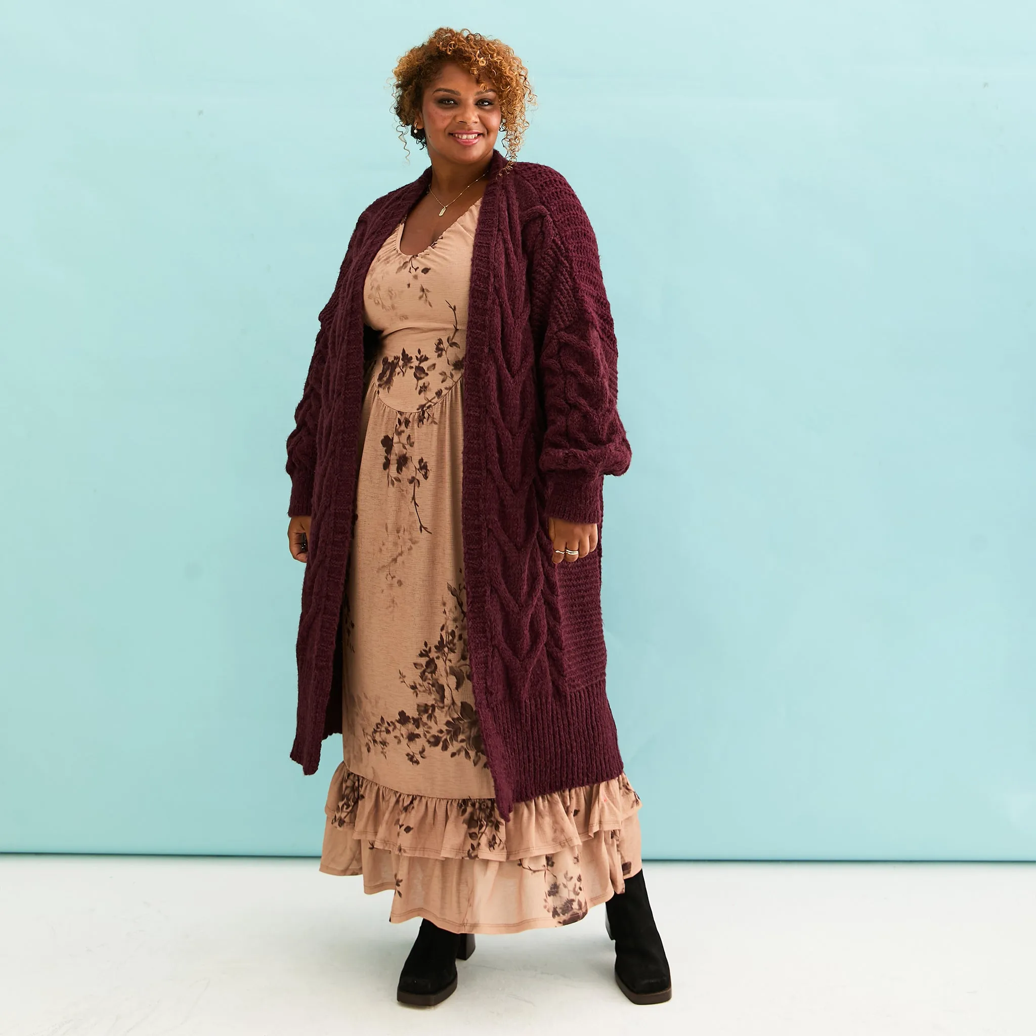 Alex Cable Oversized Balloon Sleeve Maxi Cardigan - Burgundy