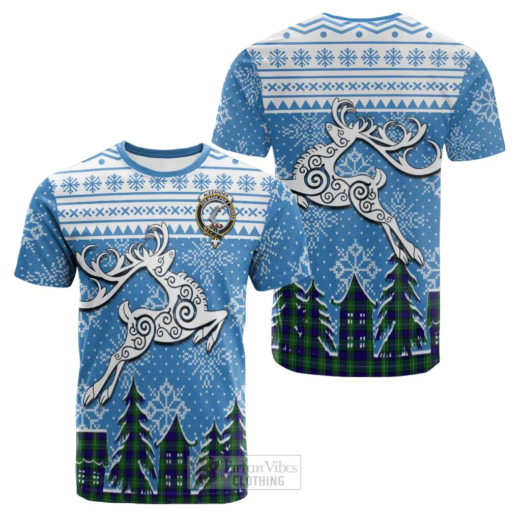 Alexander Clan Christmas Cotton T-shirt Celtic Reindeer Style