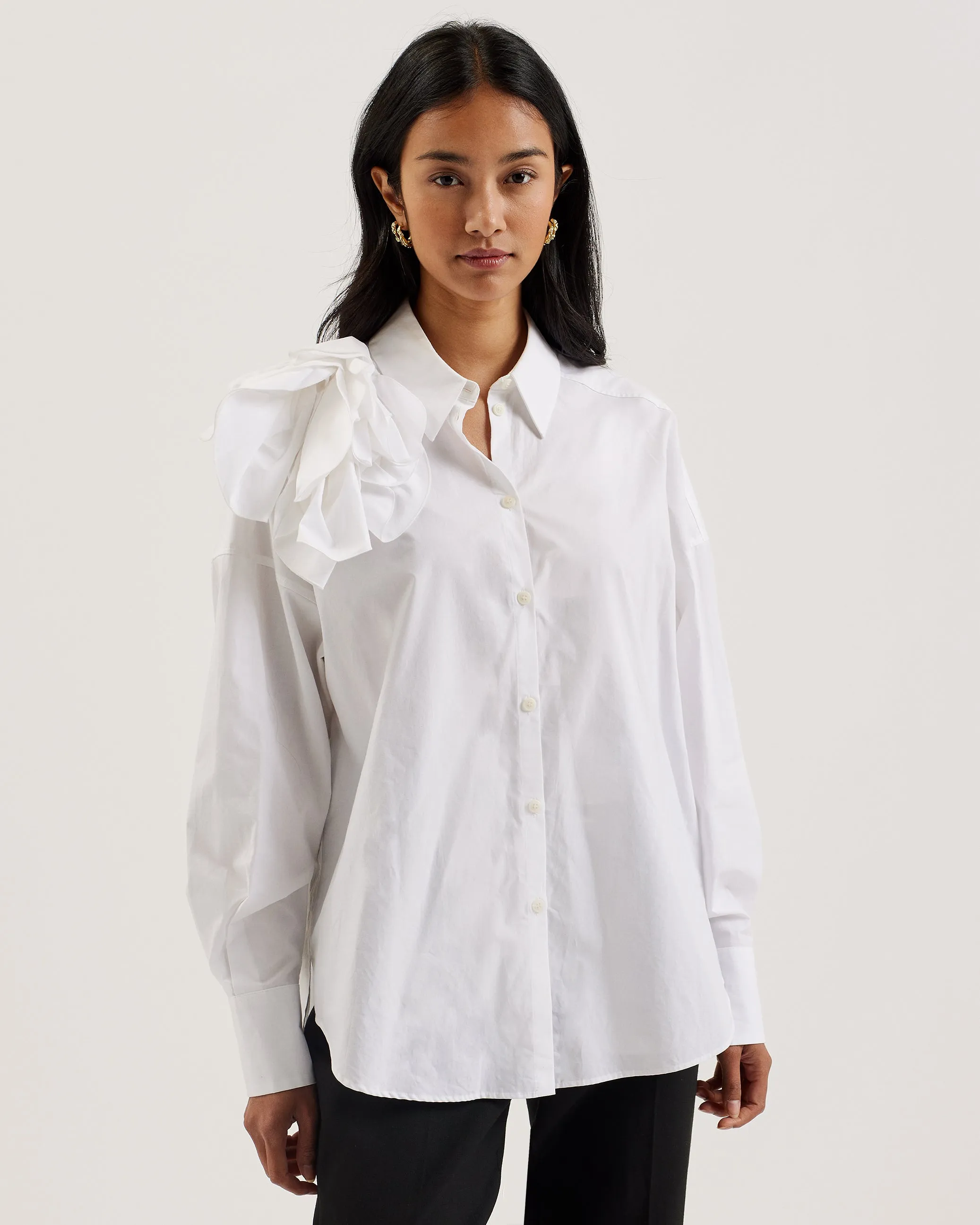 Allai Oversized Corsage Detail Cotton Shirt White