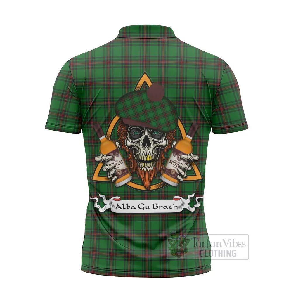 Anstruther Tartan Zipper Polo Shirt with Family Crest and Bearded Skull Holding Bottles of Whiskey