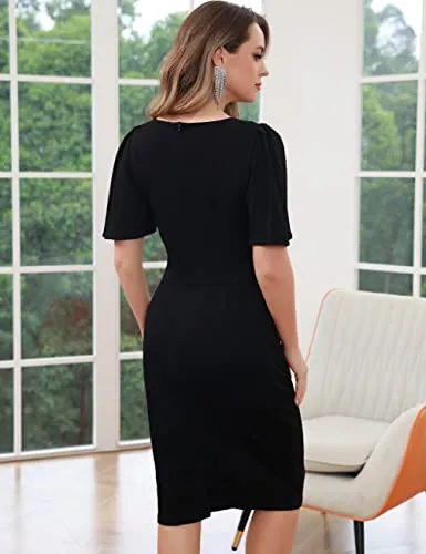 Aphratti Black Dresses for Women Funeral Church Graduation Classy Work Formal Sheath Bodycon Midi Dress (Black, Small)