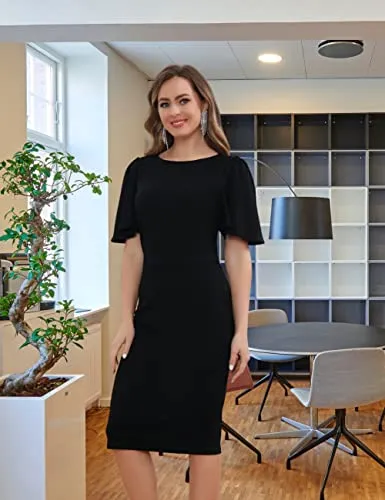 Aphratti Black Dresses for Women Funeral Church Graduation Classy Work Formal Sheath Bodycon Midi Dress (Black, Small)