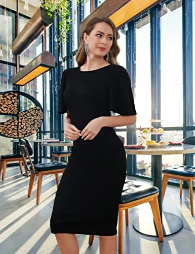 Aphratti Black Dresses for Women Funeral Church Graduation Classy Work Formal Sheath Bodycon Midi Dress (Black, Small)