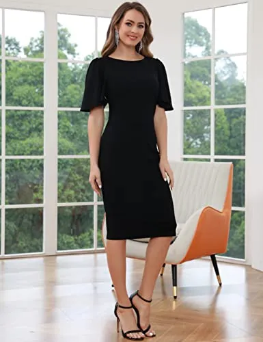 Aphratti Black Dresses for Women Funeral Church Graduation Classy Work Formal Sheath Bodycon Midi Dress (Black, Small)