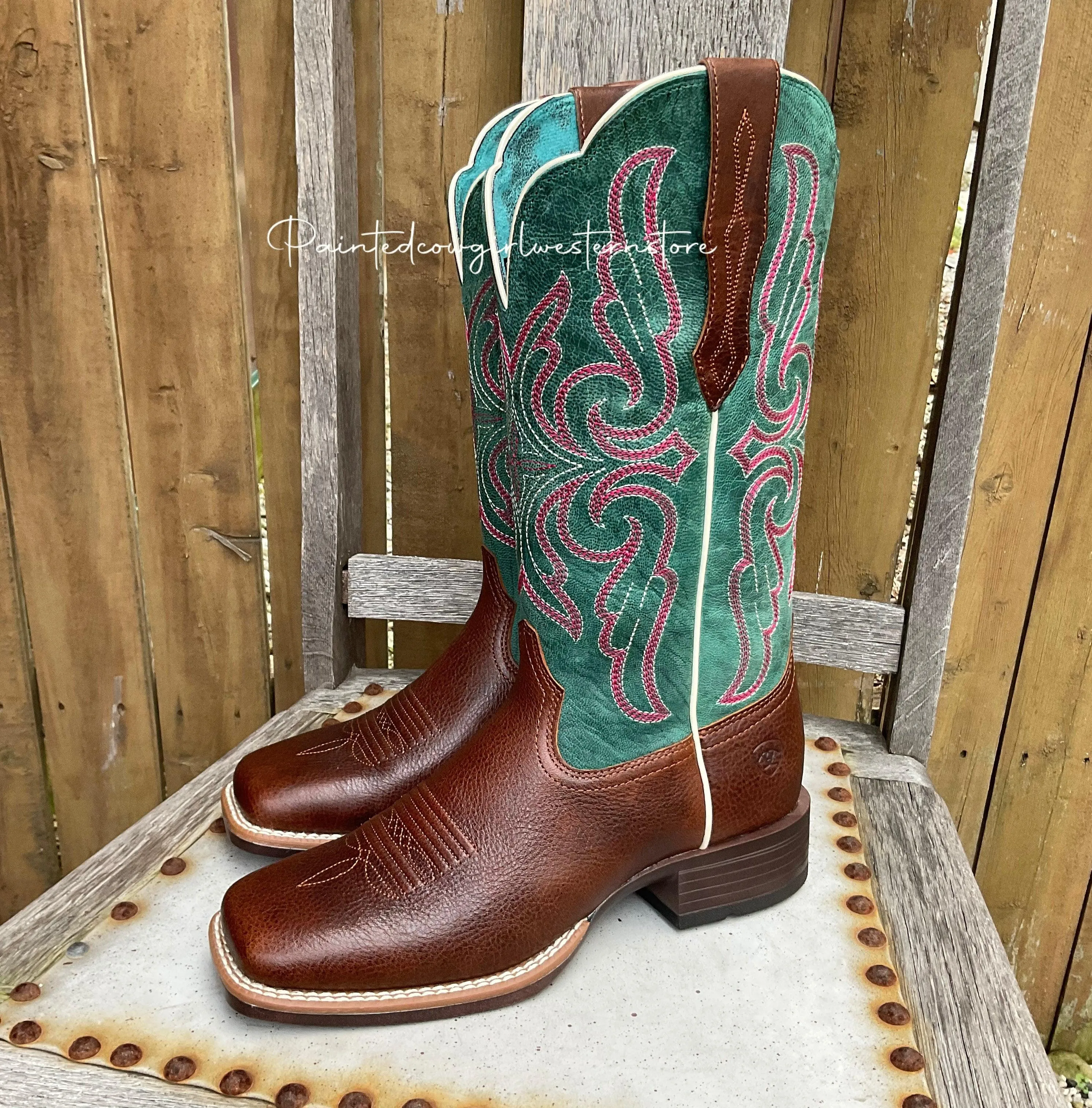 Ariat Women's Primera StretchFit Brown & Teal Square Toe Cowgirl Boots 10038303