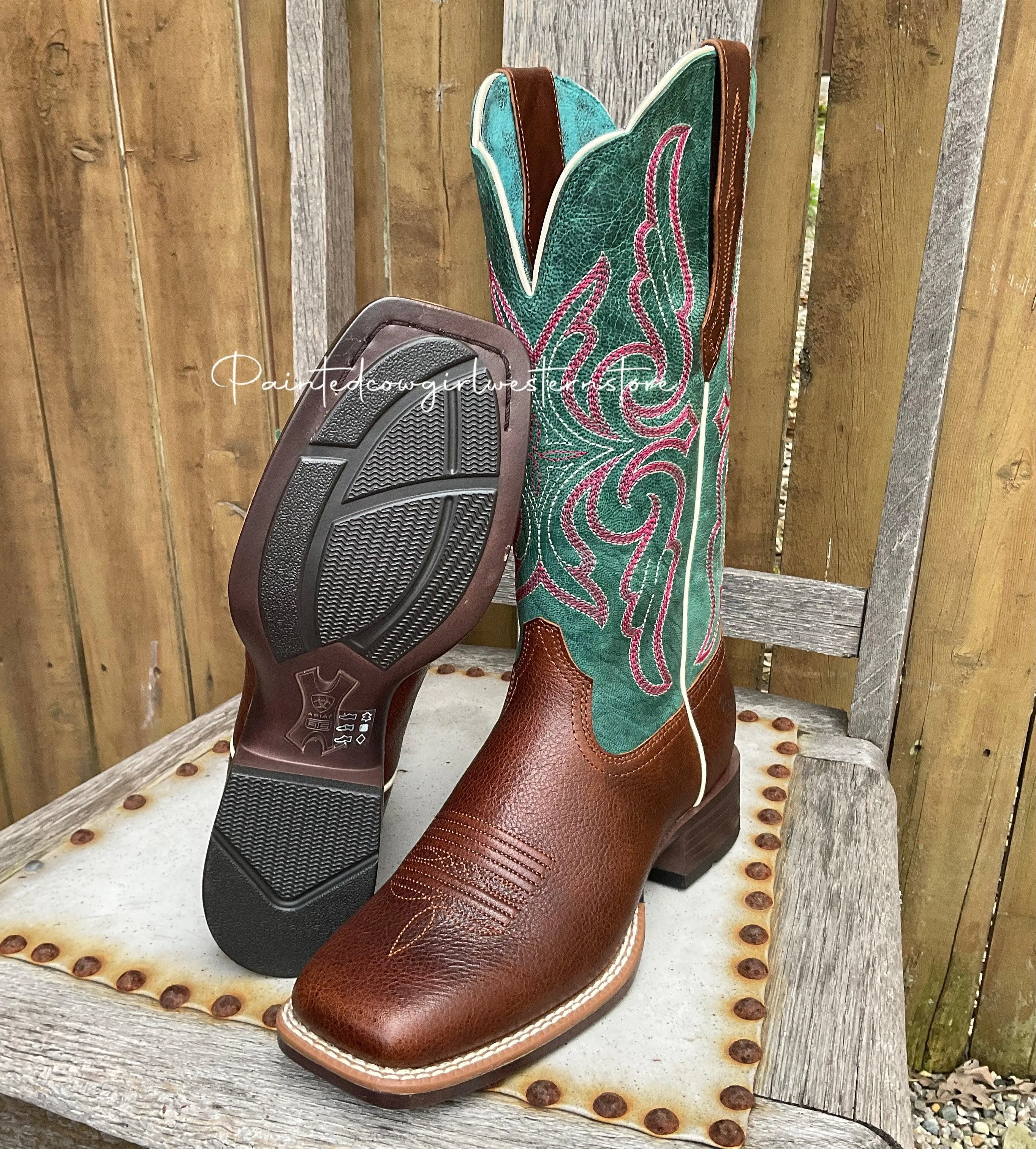 Ariat Women's Primera StretchFit Brown & Teal Square Toe Cowgirl Boots 10038303