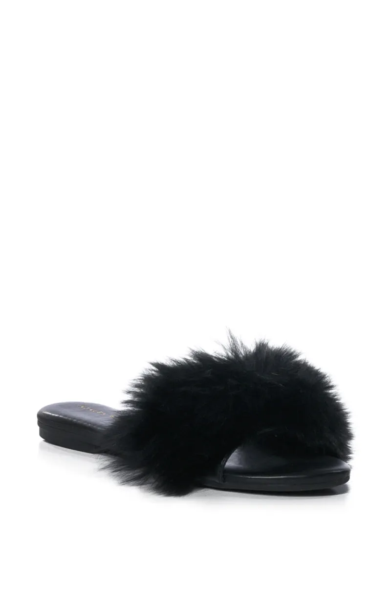 AZALEA WANG FOXY BASIC FUR FLAT SANDAL IN BLACK