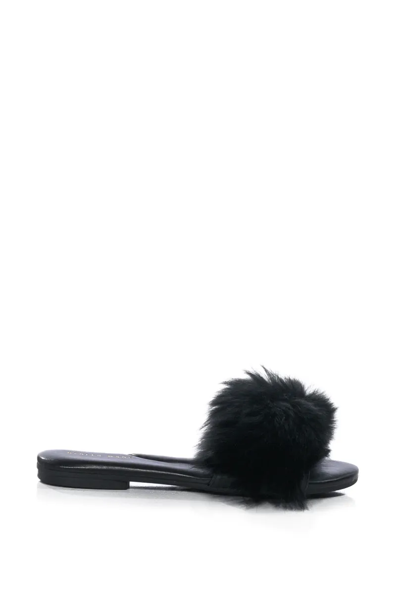 AZALEA WANG FOXY BASIC FUR FLAT SANDAL IN BLACK