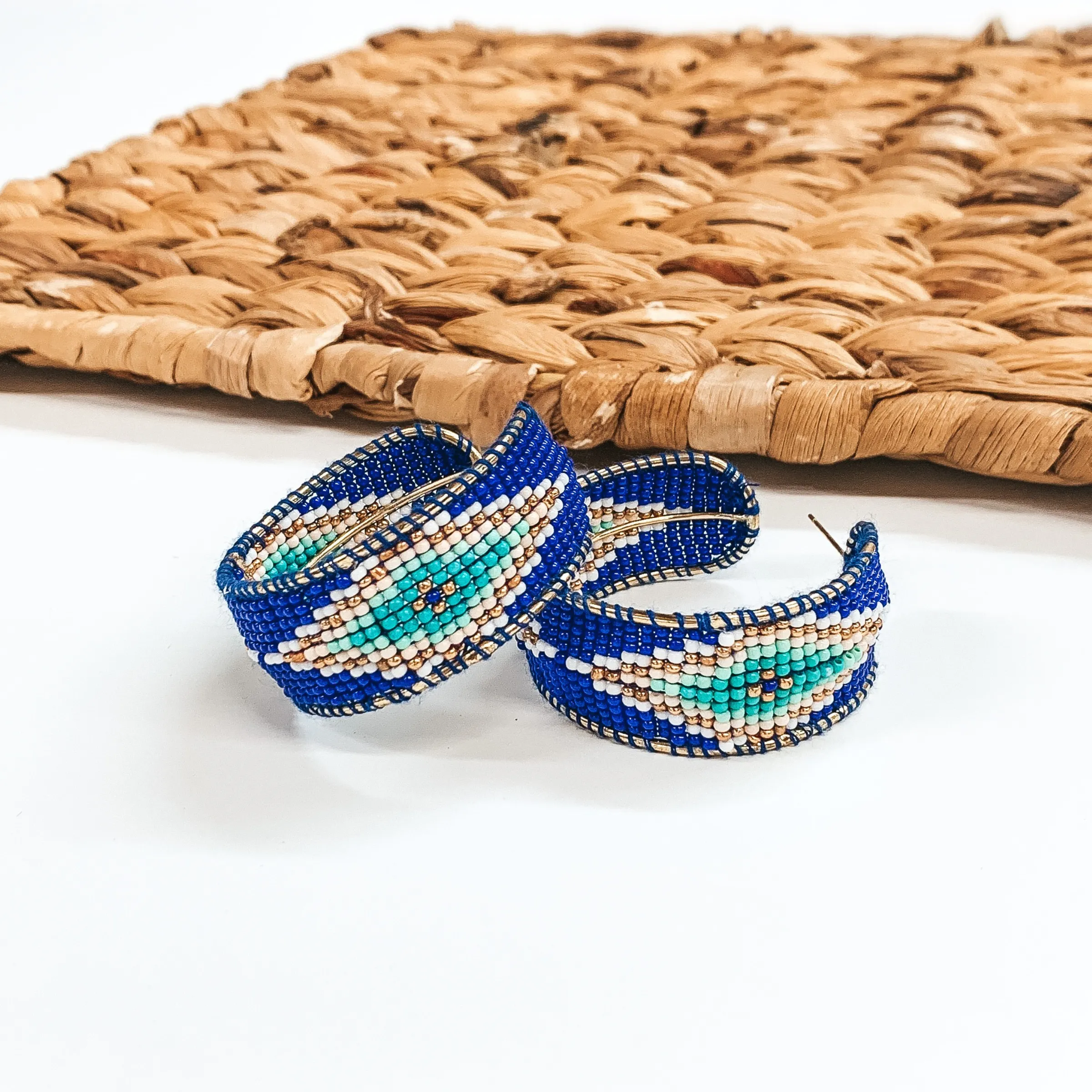 Aztec Pattern Beaded Hoop Earrings in Royal Blue