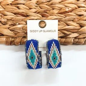 Aztec Pattern Beaded Hoop Earrings in Royal Blue