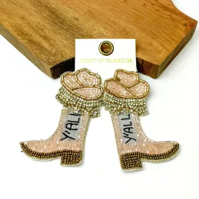 Beaded Cowboy Hat and Boot Earrings in Pale Pink and Gold Tone with Clear Crystal