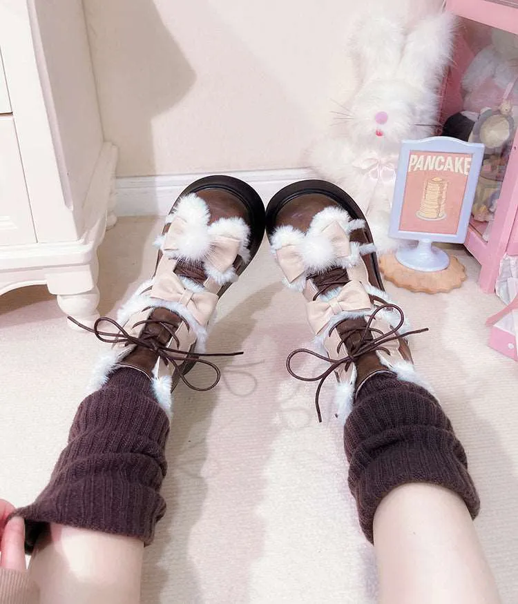 Beauty Bunny Bow Fur Thick Warm Pink Black Brown Lolita Winter Boots Shoes