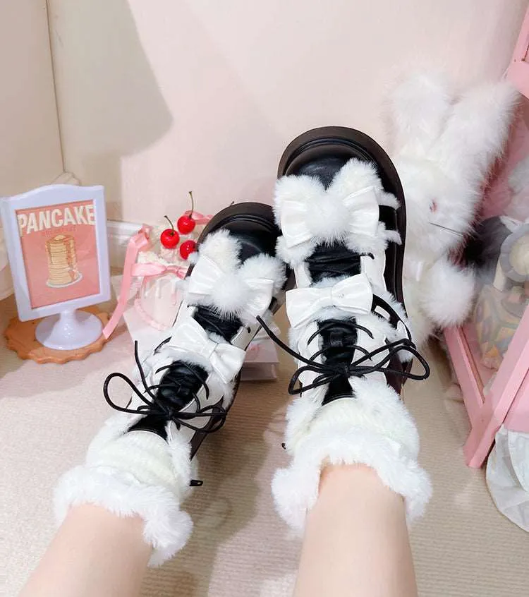 Beauty Bunny Bow Fur Thick Warm Pink Black Brown Lolita Winter Boots Shoes