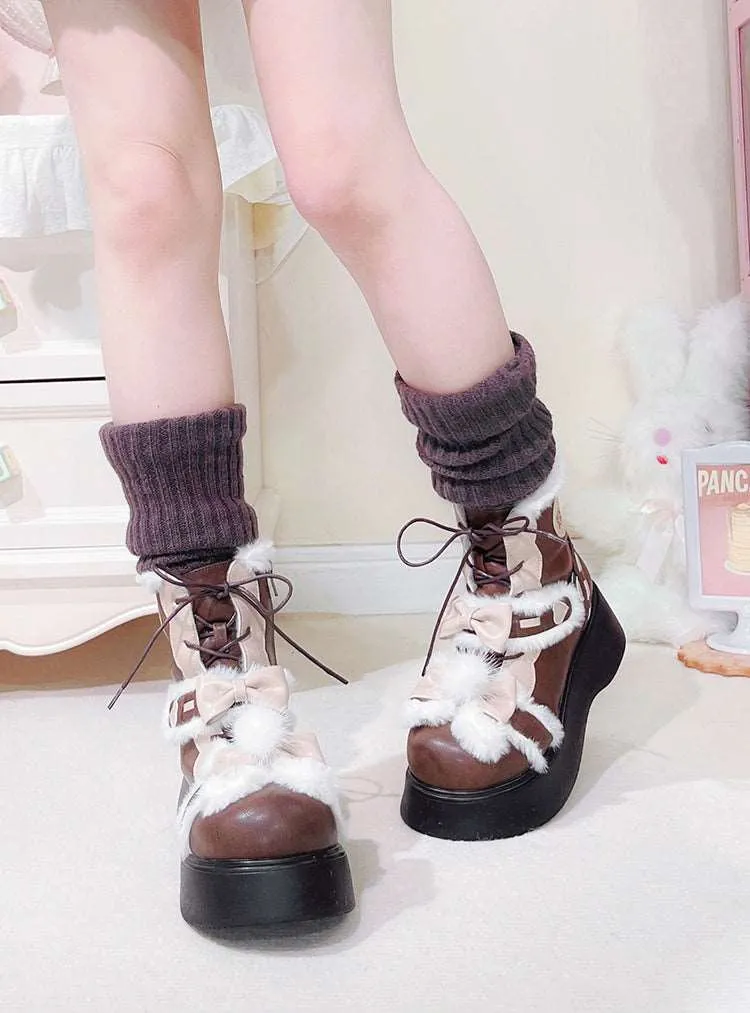 Beauty Bunny Bow Fur Thick Warm Pink Black Brown Lolita Winter Boots Shoes