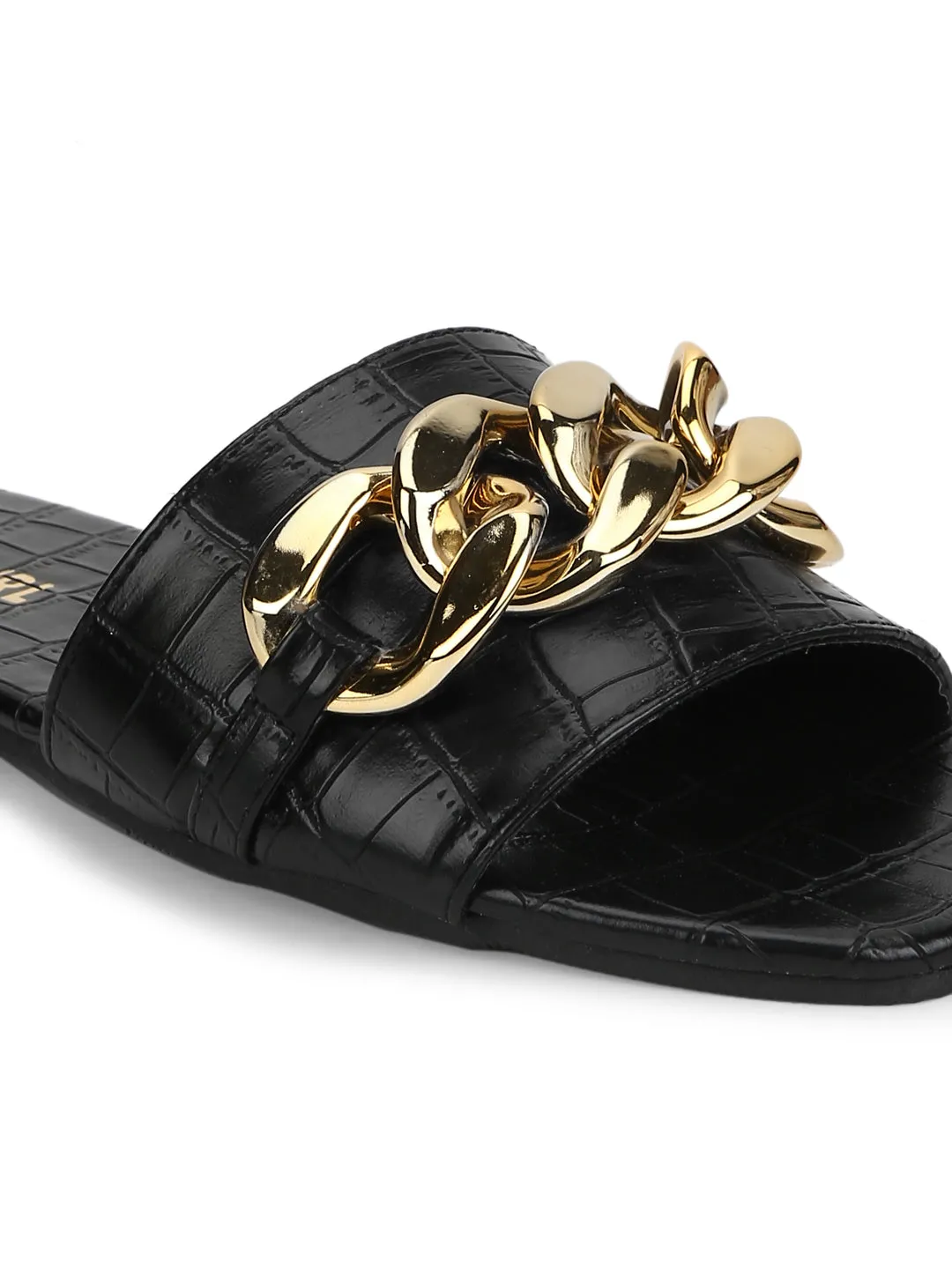 Black Croc PU Gold Chain Slides