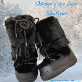 Black Faux Fur Ski Themed Winter Boots