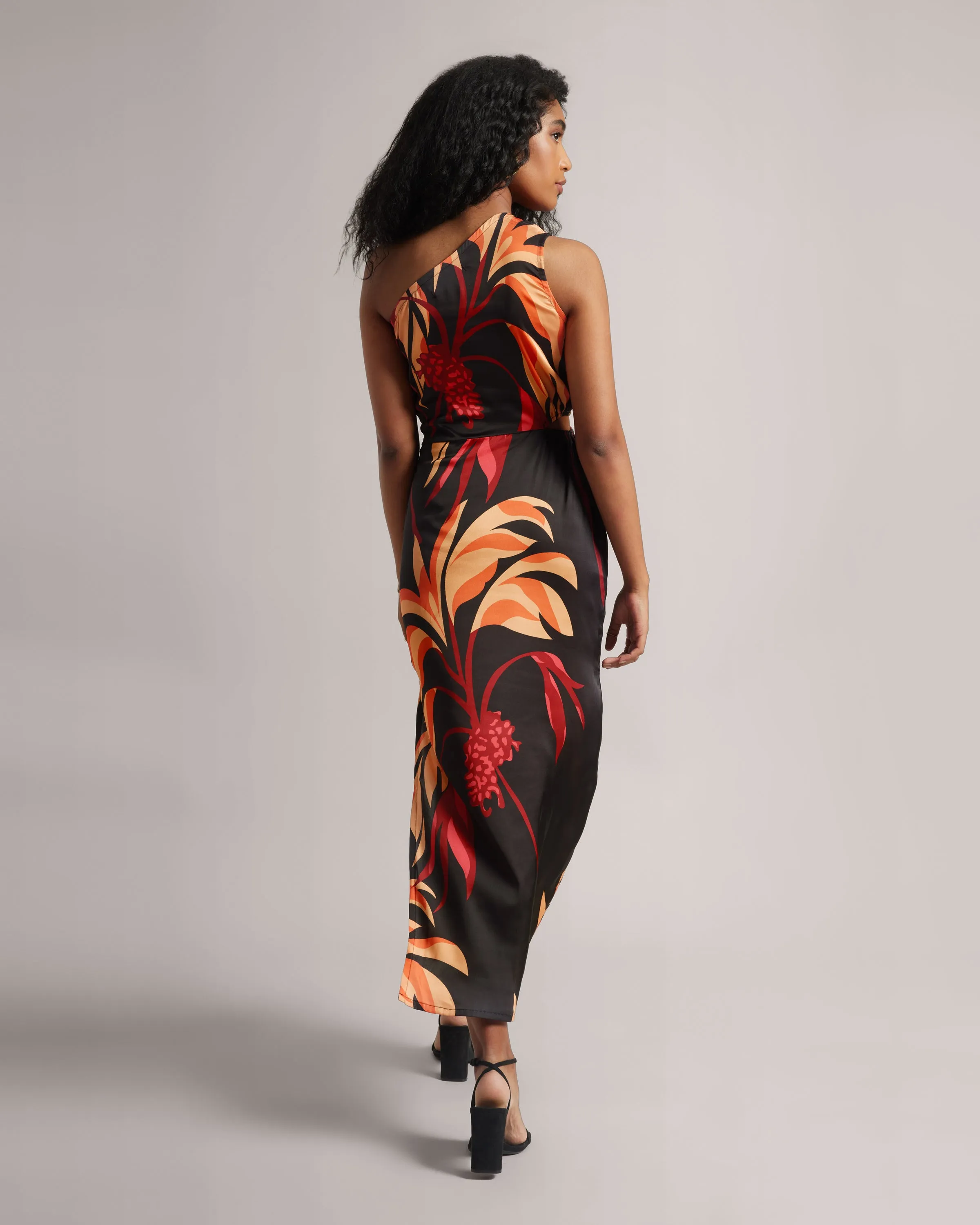 Black Fiery Printed One-Shoulder Slit Maxi Dress