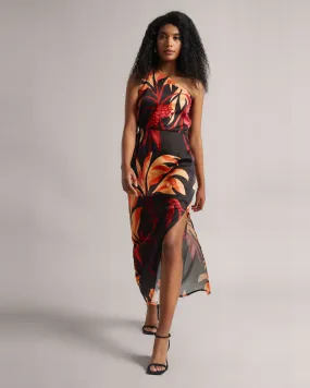 Black Fiery Printed One-Shoulder Slit Maxi Dress