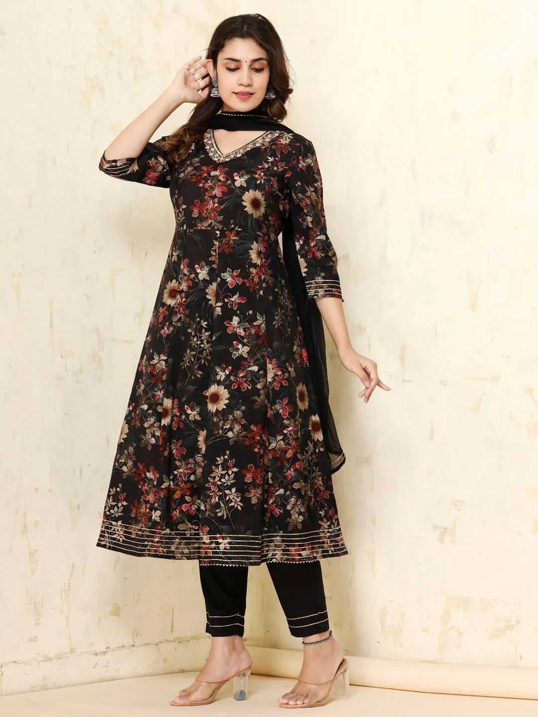 Black Stitched Suit With Chiffon Dupatta