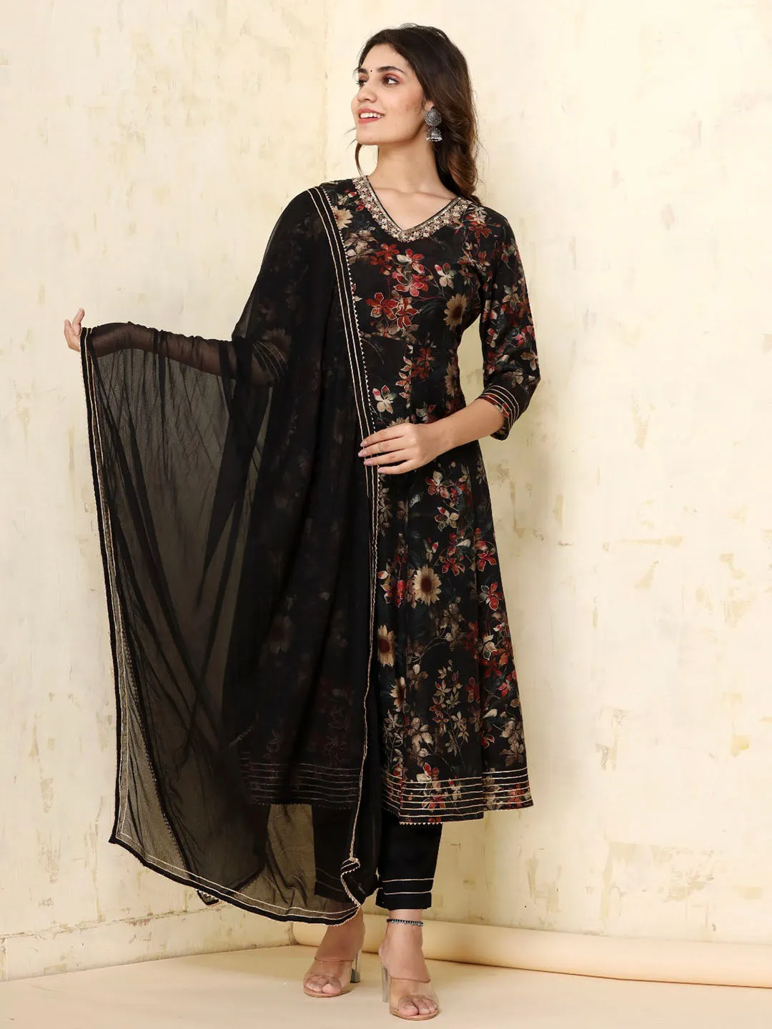 Black Stitched Suit With Chiffon Dupatta