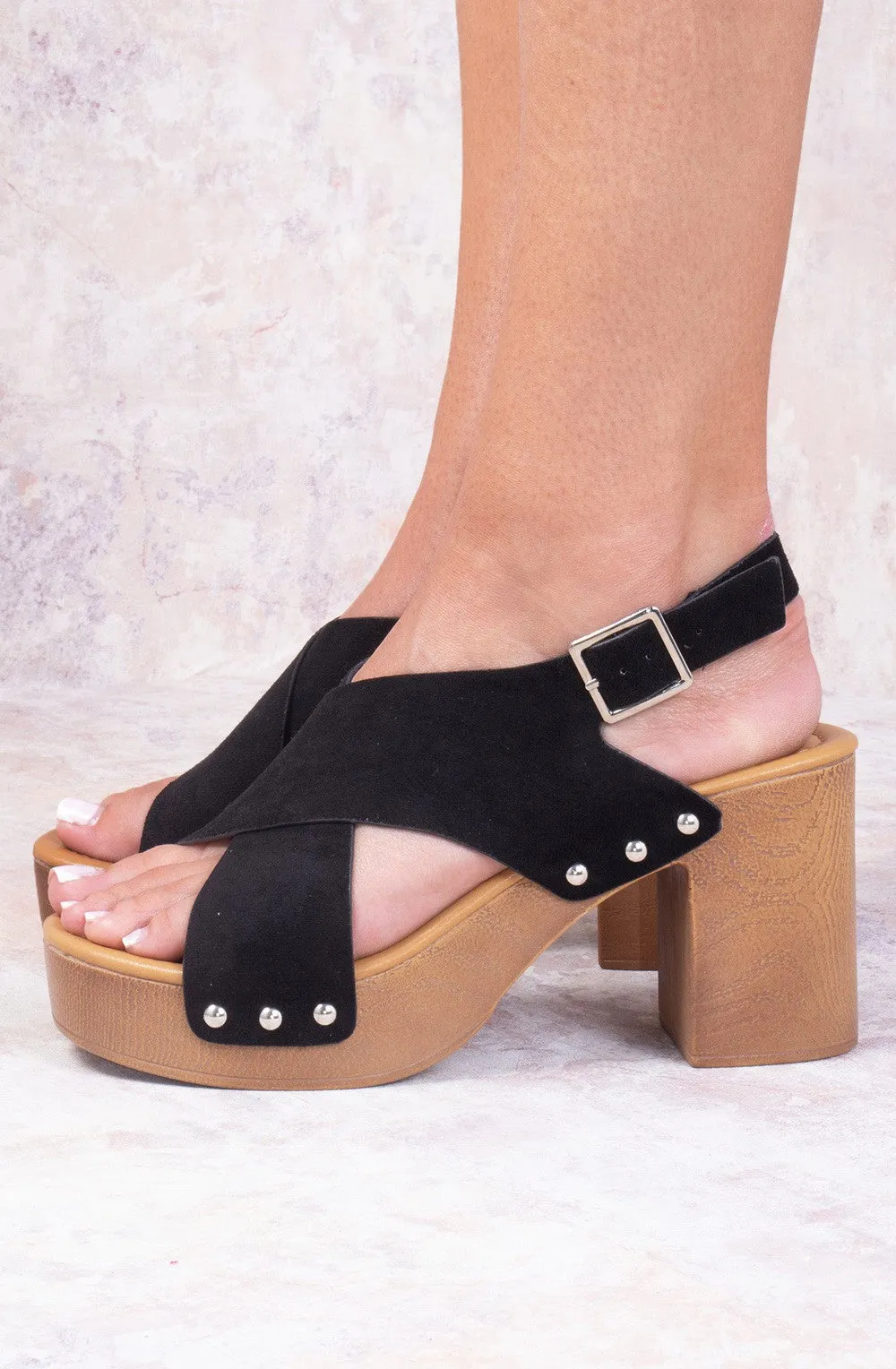 Black Suede Cross Strap Gold Stud Heeled Clog Sandals