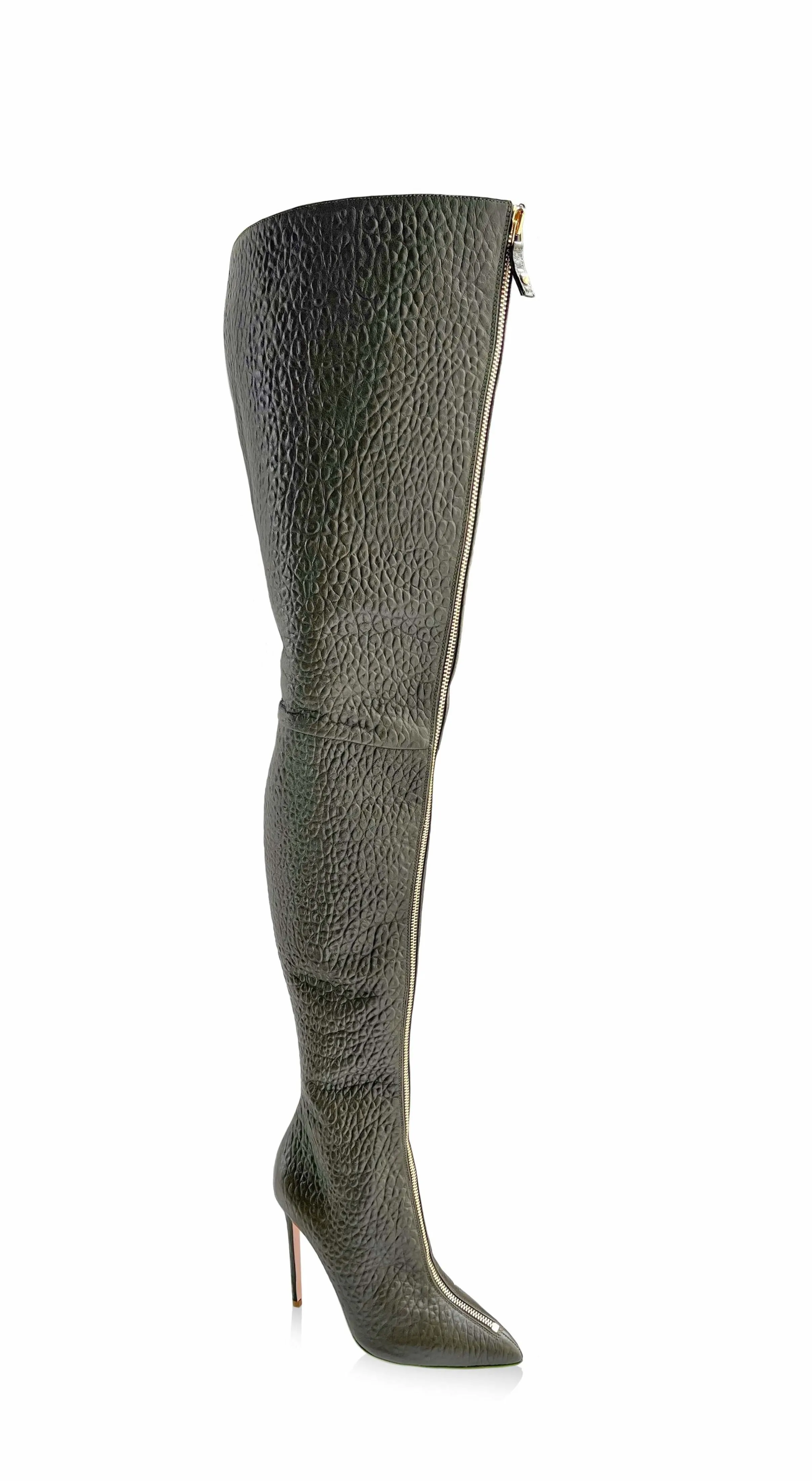 BLAIR MEDUIM ARMY GREEN LEATHER GOLD ZIP THIGH-HIGH BOOTS