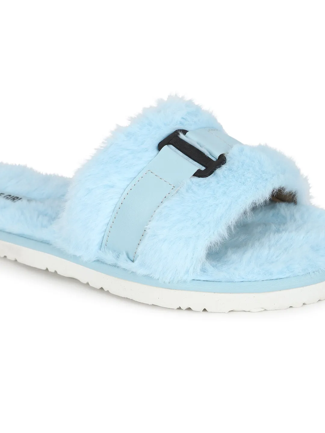 Blue Fuzzy Fur Slip Ons With Buckle (TC-ST-1167-BLU)