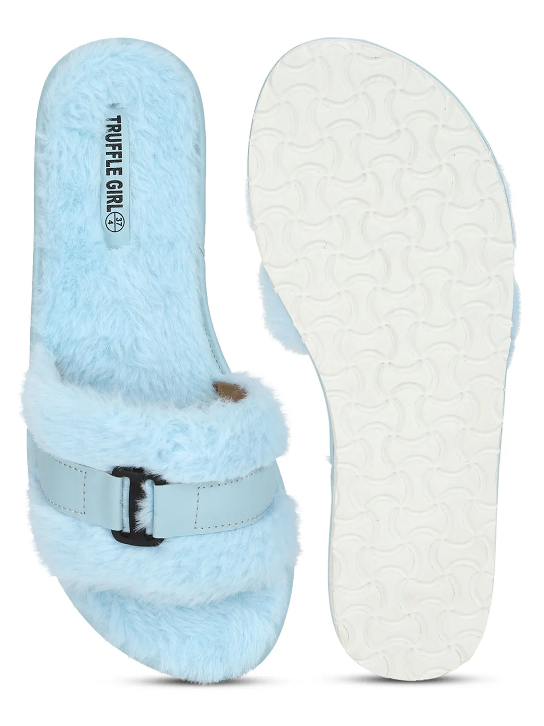 Blue Fuzzy Fur Slip Ons With Buckle (TC-ST-1167-BLU)