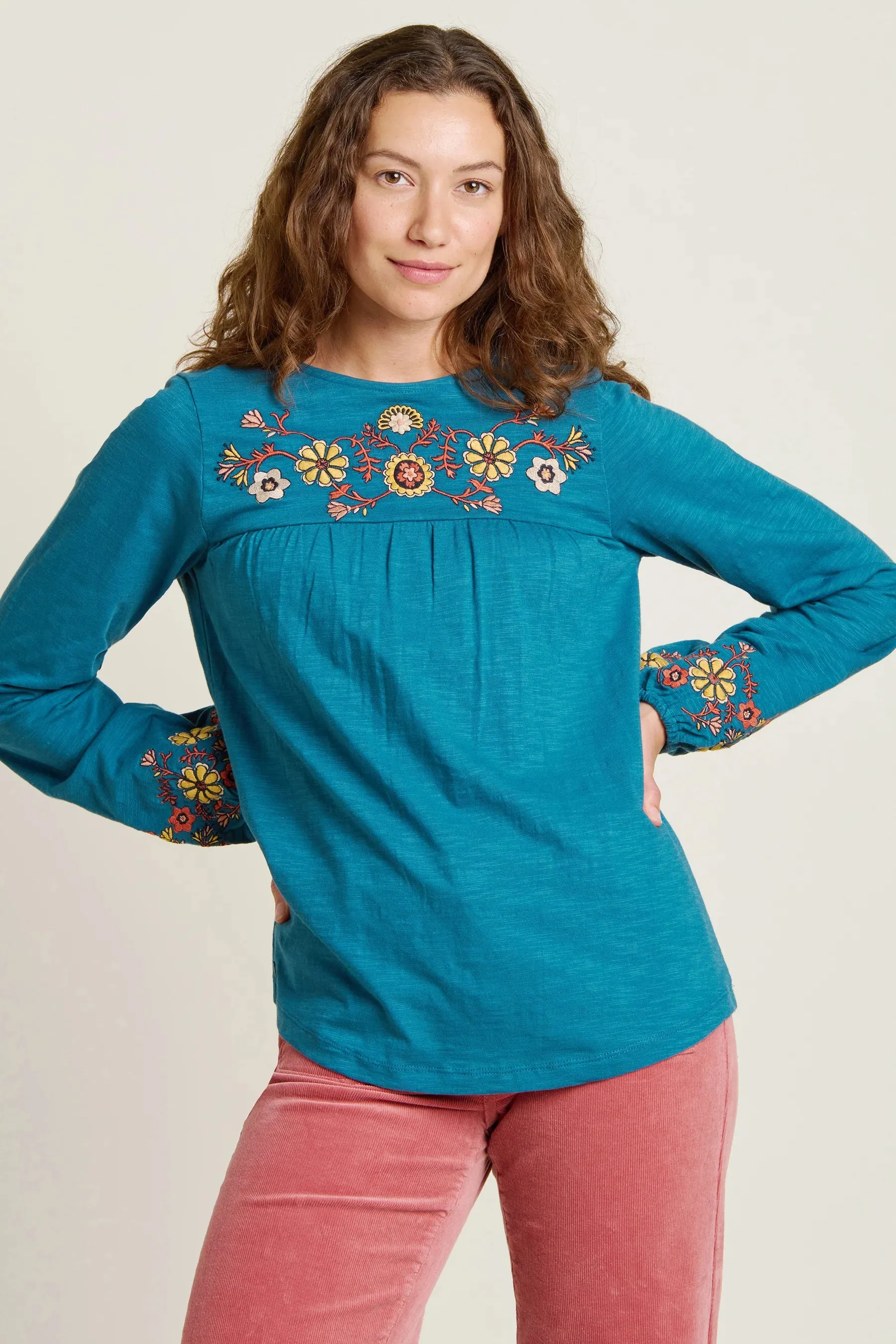 Brakeburn 10 Blue Folk Floral Embroidered Long Sleeve Top