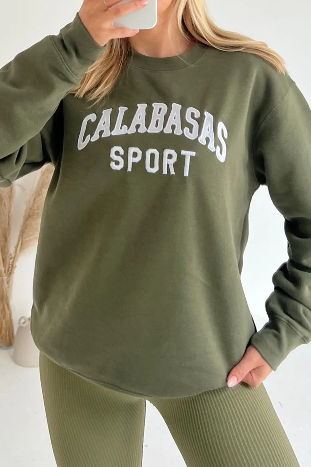 Calabasas khaki embroidered sweater and legging set