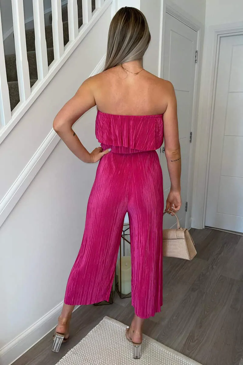 Cerise Plisse Bardot Jumpsuit