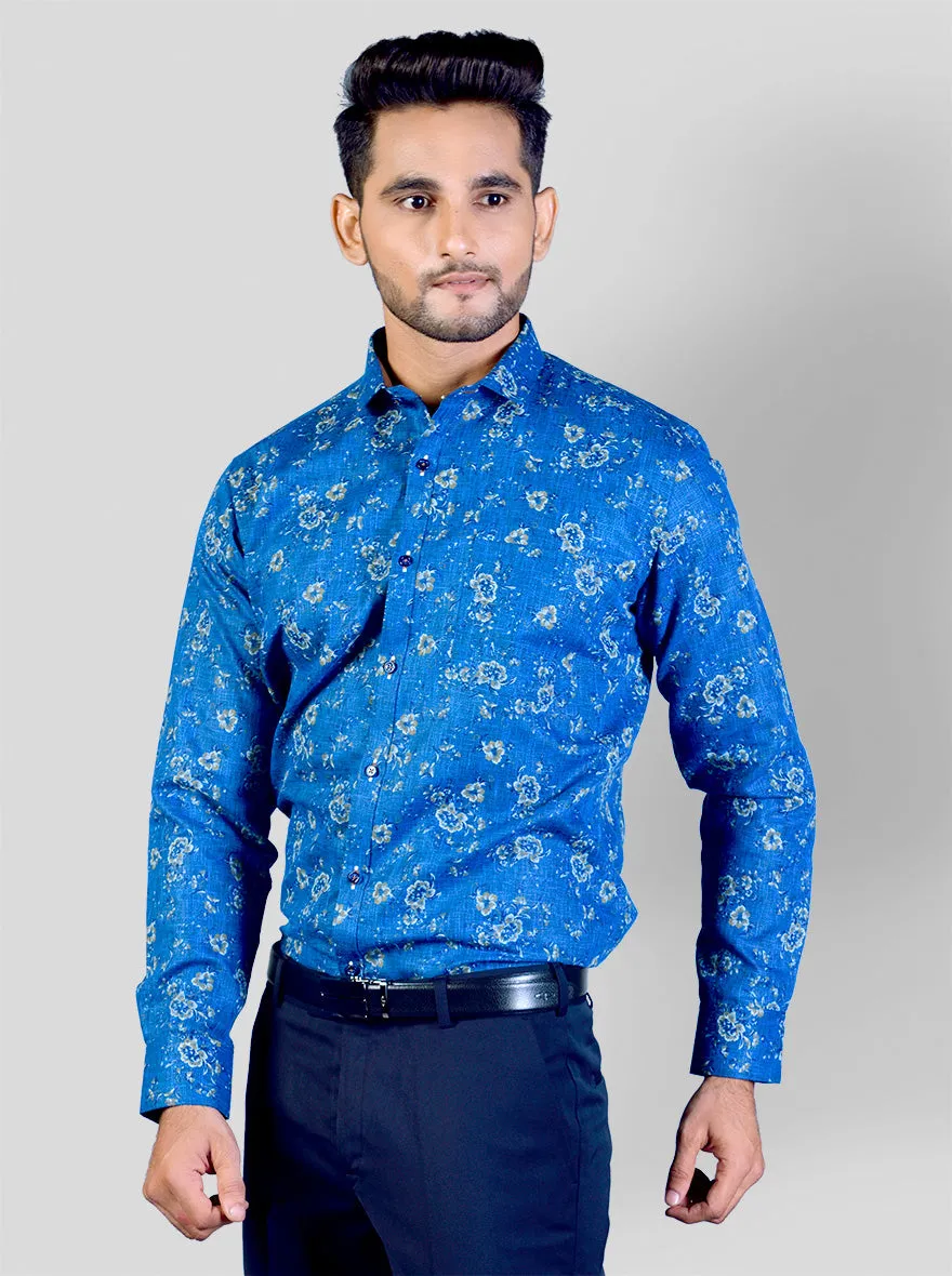 Cobalt Blue & Grey Printed Slim Fit Party Wear Shirt | Greenfibre