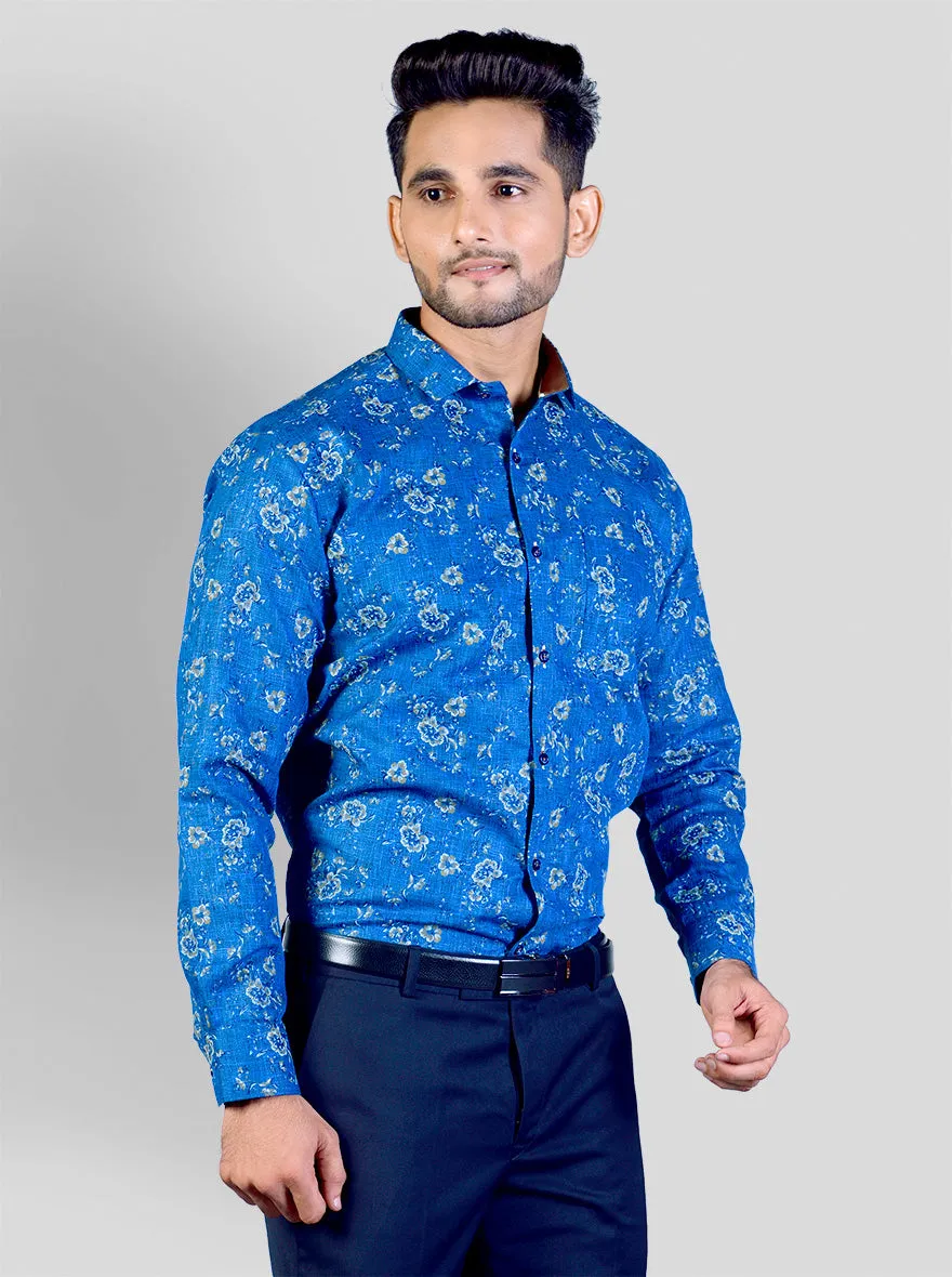 Cobalt Blue & Grey Printed Slim Fit Party Wear Shirt | Greenfibre