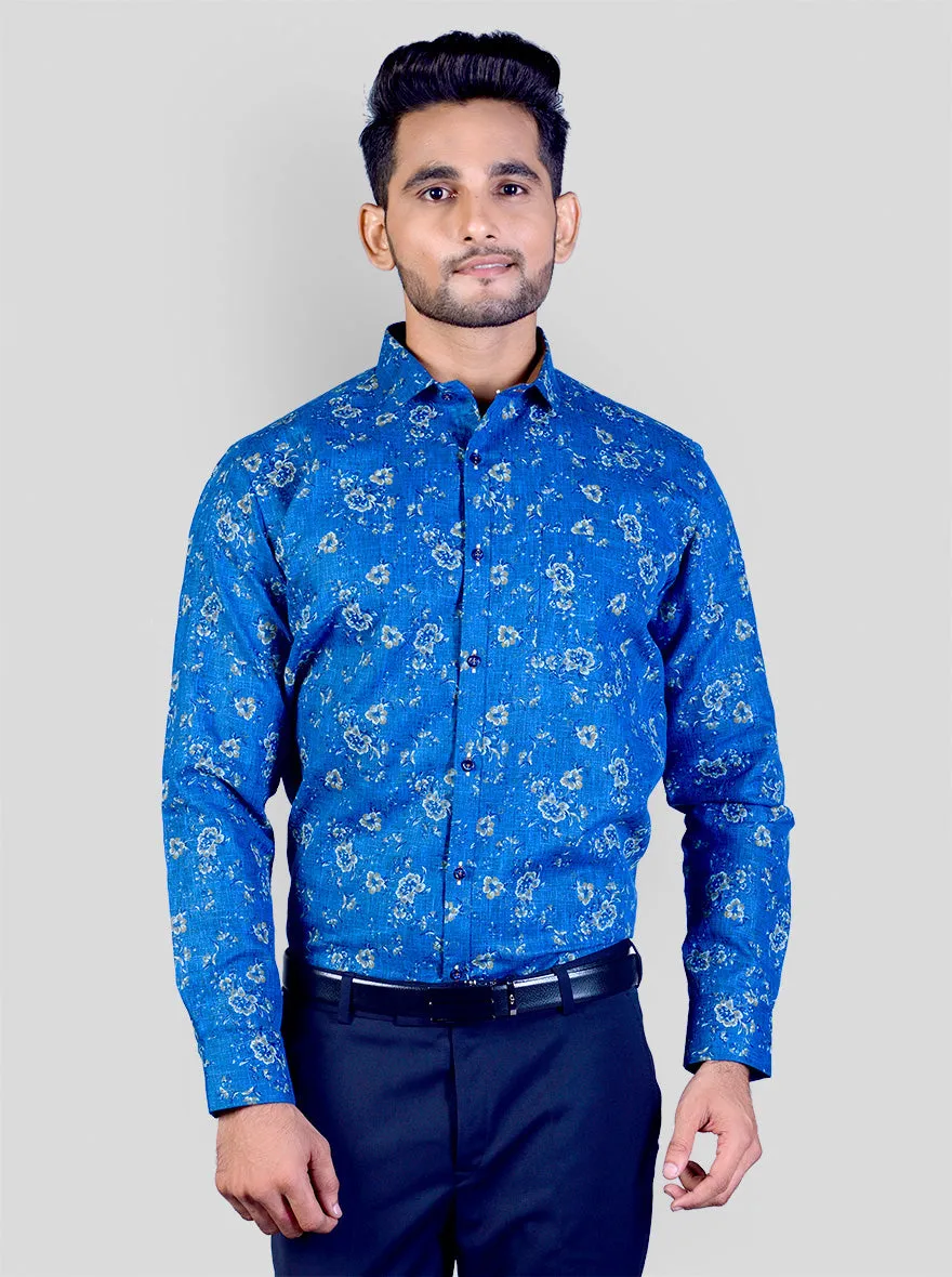 Cobalt Blue & Grey Printed Slim Fit Party Wear Shirt | Greenfibre