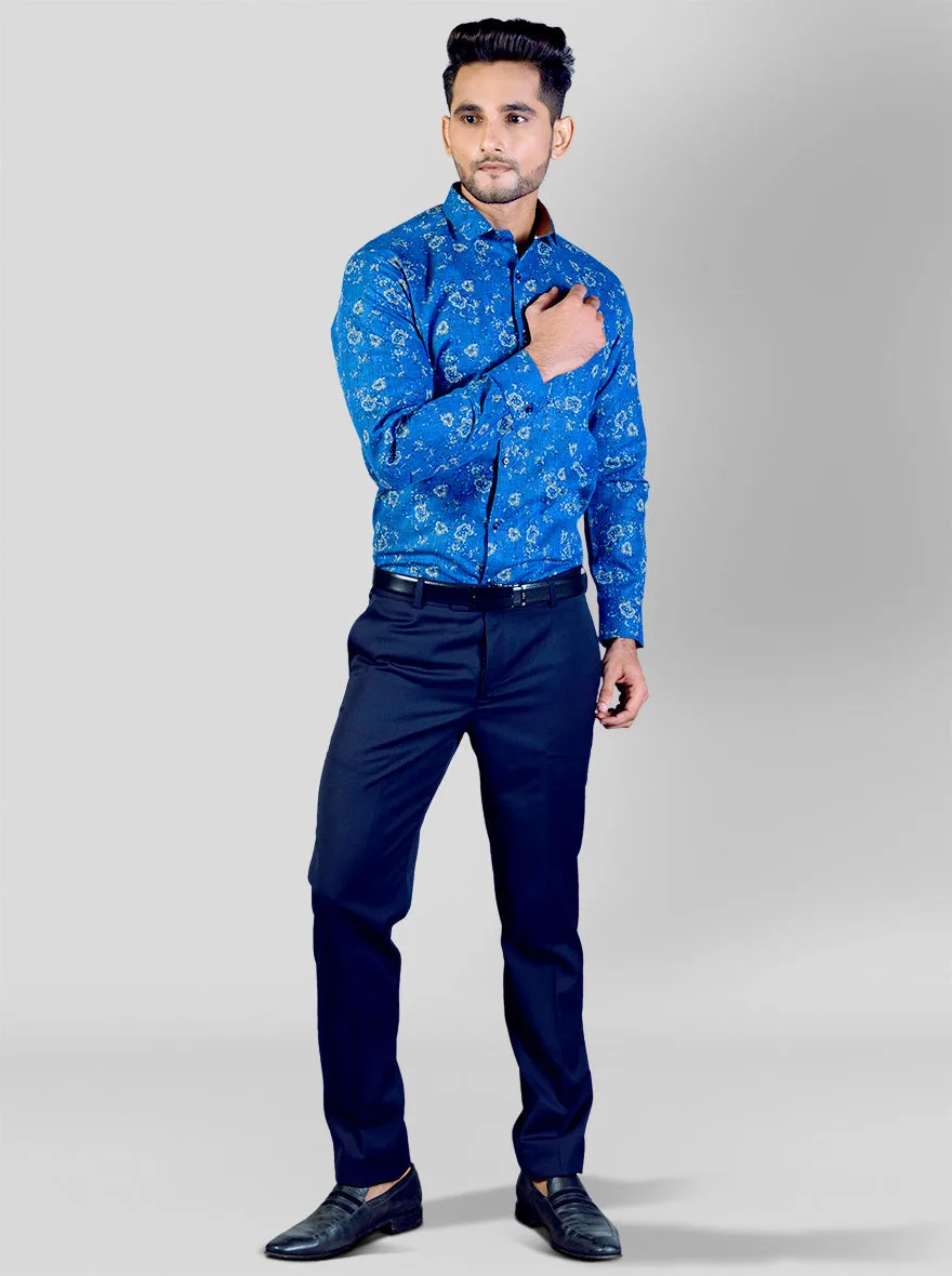 Cobalt Blue & Grey Printed Slim Fit Party Wear Shirt | Greenfibre