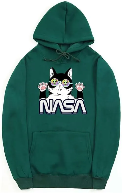 CORIRESHA Cat Lover Cute Hoodie Casual Long Sleeve Drawstring Cozy Teen NASA Sweatshirt