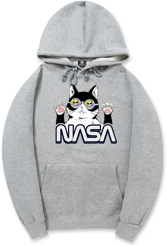 CORIRESHA Cat Lover Cute Hoodie Casual Long Sleeve Drawstring Cozy Teen NASA Sweatshirt