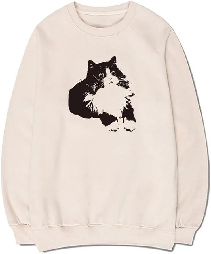 CORIRESHA Cute Cat Crew Neck Long Sleeves Soft Cozy Cotton Pullover Sweatshirt