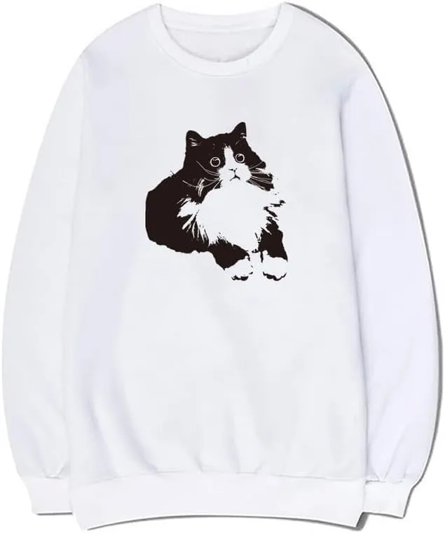 CORIRESHA Cute Cat Crew Neck Long Sleeves Soft Cozy Cotton Pullover Sweatshirt