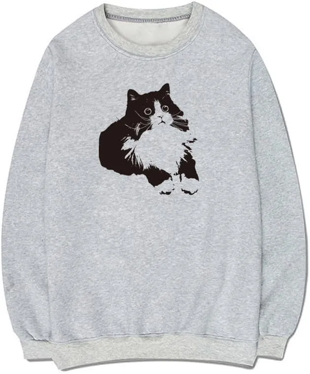 CORIRESHA Cute Cat Crew Neck Long Sleeves Soft Cozy Cotton Pullover Sweatshirt