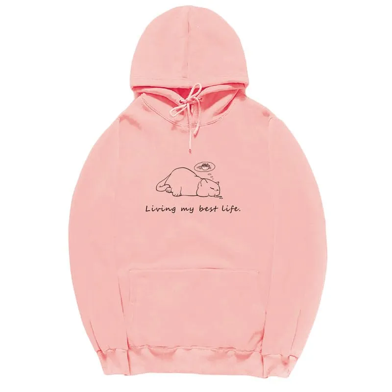 CORIRESHA Cute Sleeping Cat Hoodie Casual Drawstring Long Sleeve Cotton Teen Sweatshirt